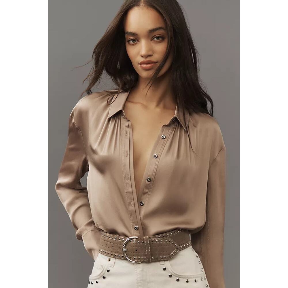 Pilcro Tan Camel Satin Button Up Blouse Top Career Wear Business Casual Size S